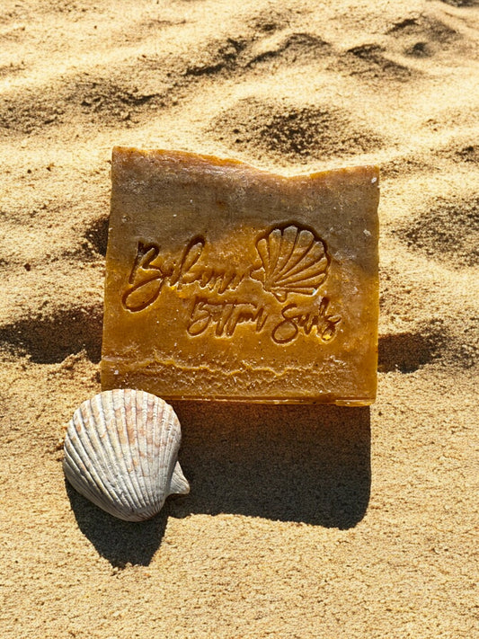 Exfoliating shea butter soap bar with natural color and texture
