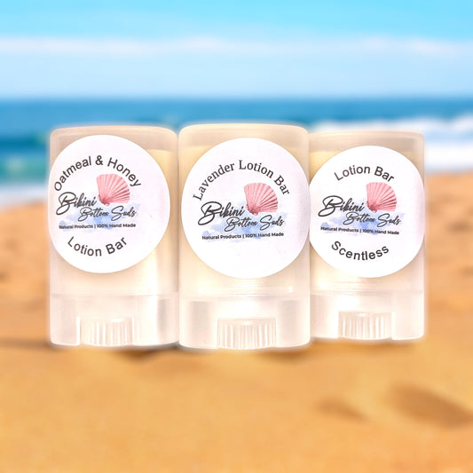 Handmade natural lotion bars in lavender, oats and honey, and scentless varieties