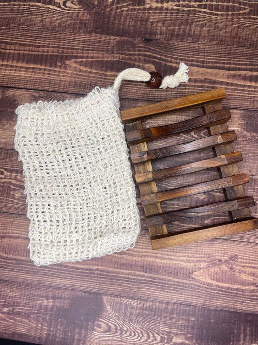 Soap saver bag with exfoliating texture and drawstring