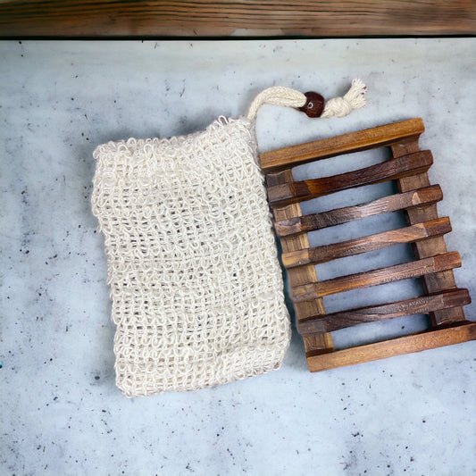 Wooden soap tray and sisal soap saver bag set
