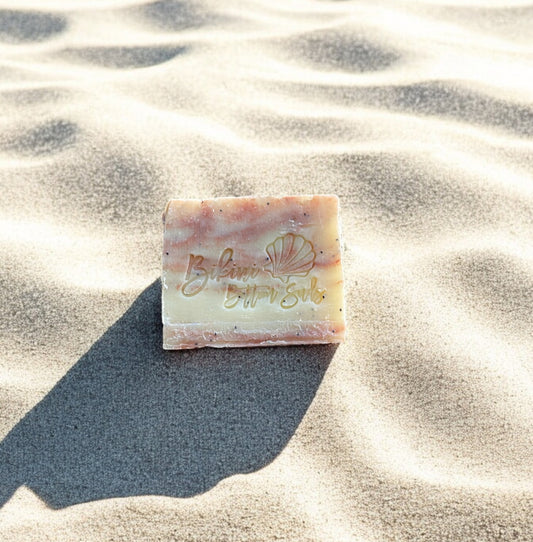 Handmade strawberry soap bar with poppy seeds for exfoliation