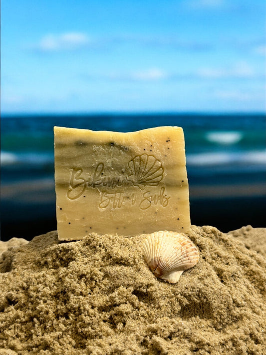 Handmade eucalyptus herbal soap bar with poppy seeds and spirulina