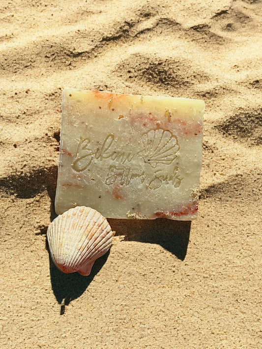 Natural exfoliating soap bar with strawberries and rose clay